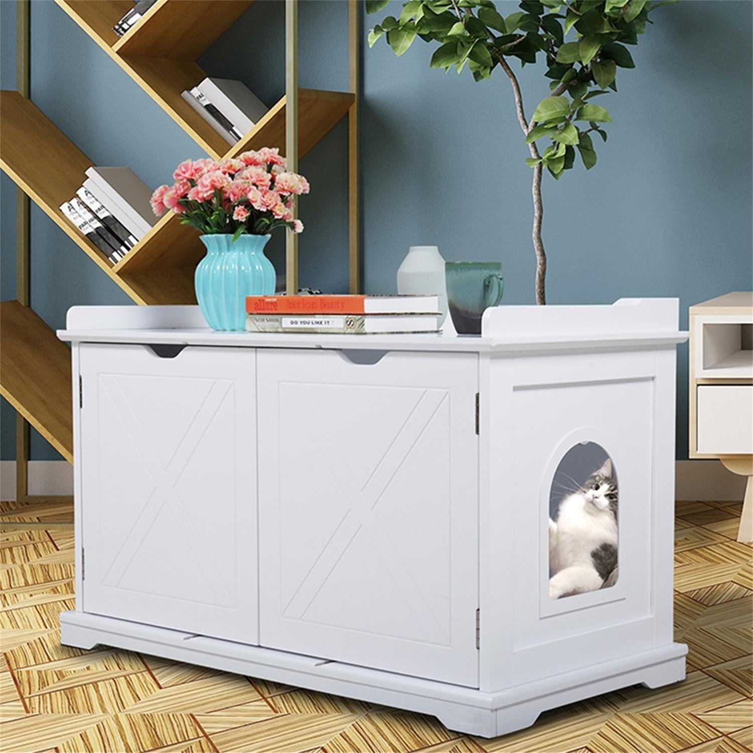 Pefilos Cat Houses for Indoors, Cat Shelter, Wooden Pet House Enclosure Outside Shelter Animal Cage Storage Bench Furniture Cabinet, White Pefilos Cat Houses for Indoors, Cat Shelter, Wooden Pet House Enclosure Outside Shelter Animal Cage Storage Bench Furniture Cabinet, White