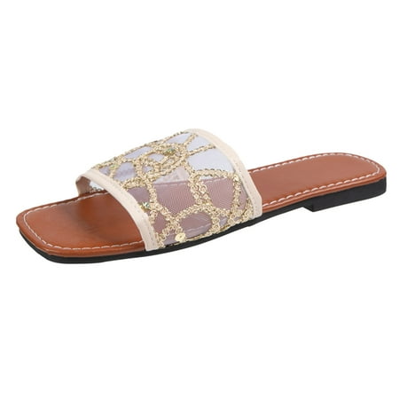 

Quealent Adult Women Shoes Leather Slippers for Women Memory Foam Ladies Fashion Summer Mesh Sequins Decorative Flat Bottom Pig Slippers for Women Gold 9