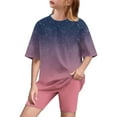 thumbnail image 2 of JTSRKL Summer Outfits for Girls Cute Tie Dye Gradient Color/Striped/Color Block/Plaid Printed Short Sleeve Crewneck Top T-Shirt & Biker Shorts Set 2 Piece Tracksuit C-Purple 12-13 Years, 2 of 9