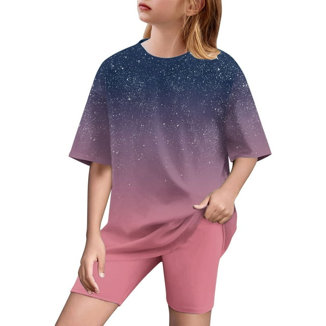 Plebaso Girls Clothes Summer Gradient Color 2 Piece Short Sleeve T-Shirts Biker Shorts Sets for Kids