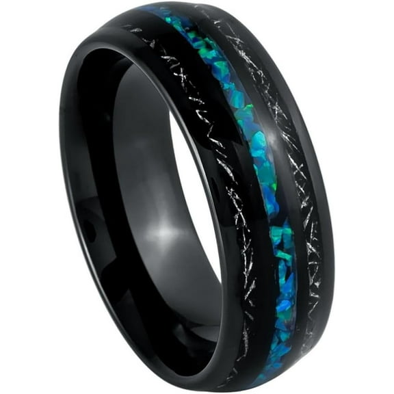 Ring for Men and Women Dome Black IP Plated Titanium Shavings & Opal Inlay – 8mm Wedding Band Ring Ideal Rings for Couples