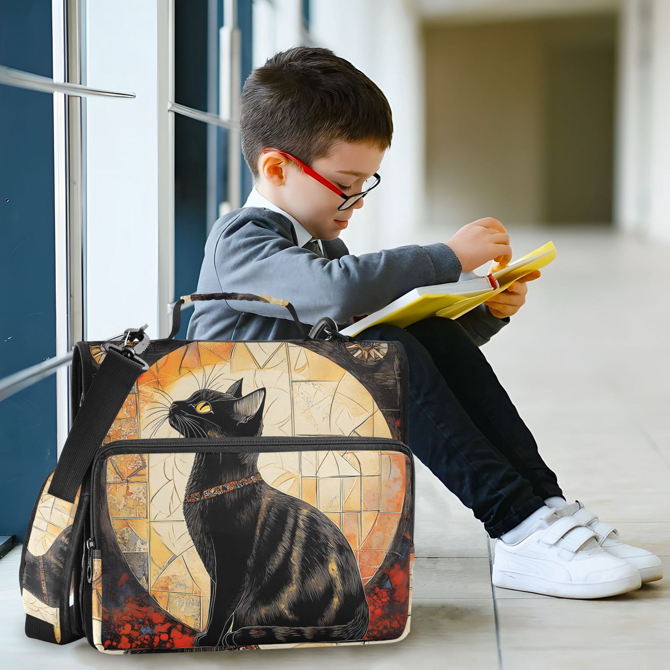 3 Ring Zipper Binder with Shoulder Strap Waterproof Trapper Keeper 2 Inch D-Ring 500 Sheets Capacity Elegant Black Cat