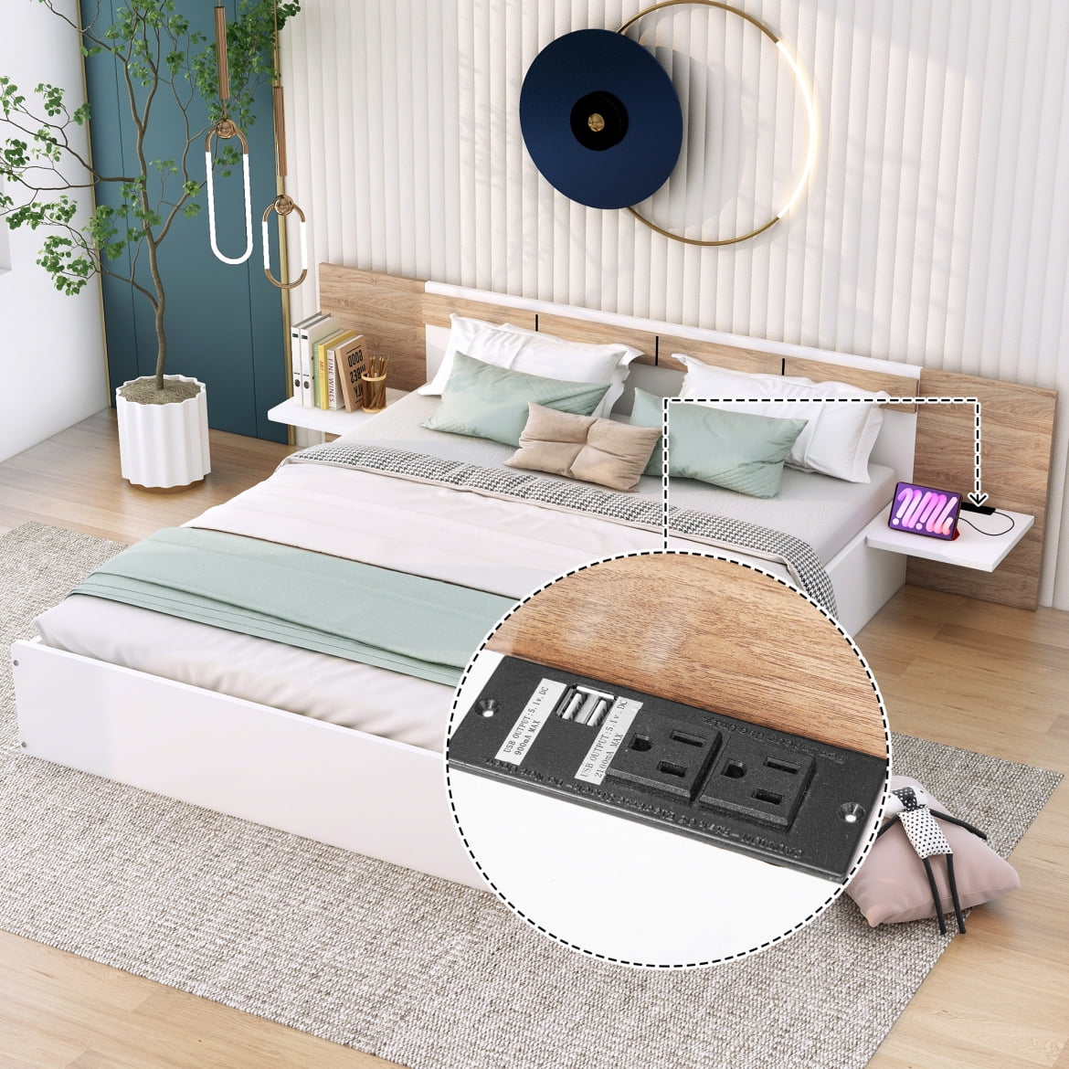 Queen Size Platform Bed with USB Ports,Sockets and Shelf, Wooden Bed ...