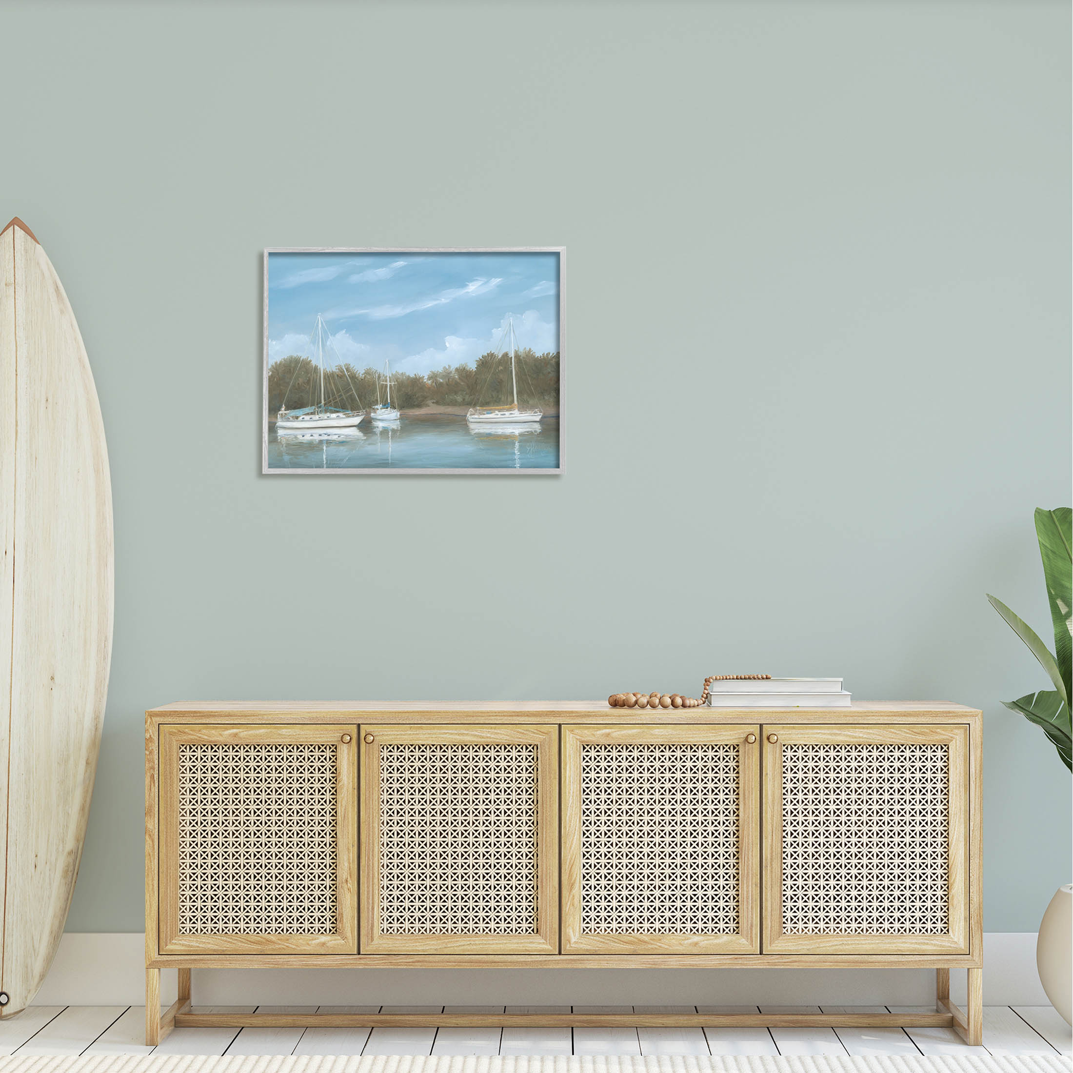 Drifting Boats Nautical Marina Landscape Painting Gray Framed Art Print Wall Art