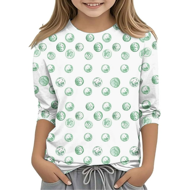 SERTG Hauts Mignons pour Enfant Printemps Automne Été Manches 3/4 Col Rond T-Shirt Mignon pour Sortir Mode Imprimé Manches Mi-Longues Tenues 3-12 Ans (Vert4,7 Ans)
