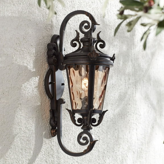 John Timberland Casa Marseille Vintage Rustic Outdoor Wall Light Fixture Veranda Bronze 19" Champagne Hammered Glass for Post Exterior Barn Deck House