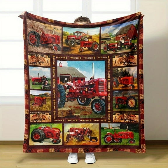 1pc Western Farm Tractor Print Blanket - Ultra-Soft Flannel, Tear-Resistant &, All-Season Lightweight Throw for Bed, Sofa, Camping, Travel - Rustic Cartoon Tractor Design, Machine Washable
