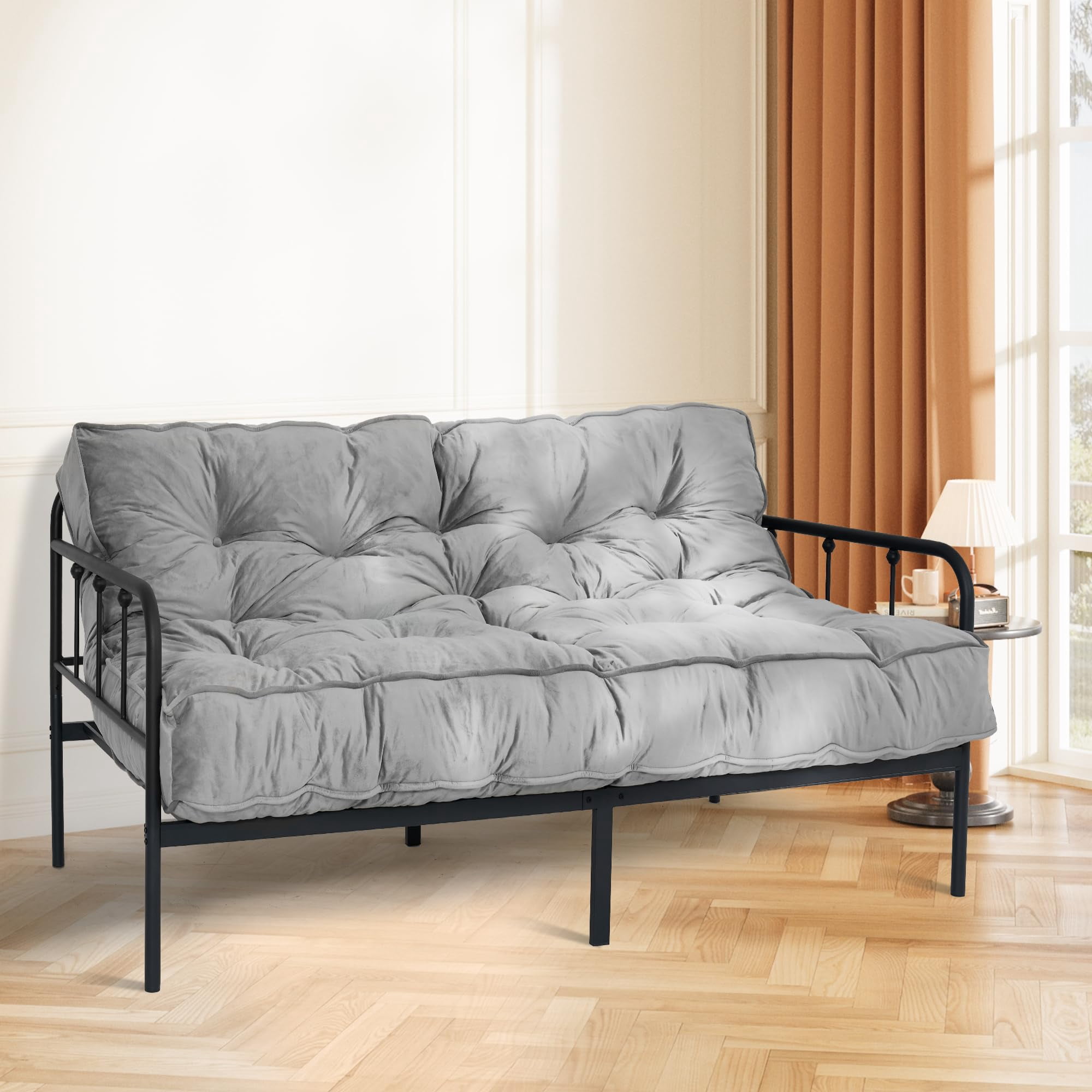 8-inch Futon Mattress Queen Size, Thick Futon Sofa Couch Bed Foldable Floor Sleeping Pad for Adults, Portable Floor Bed Mattress, Velvet Tatami Mat (Frame Not Included), Light Grey