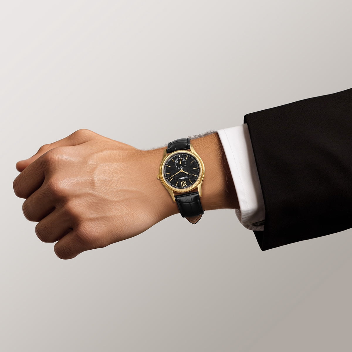 BERNY Watches for Men, Ultra-Thin Minimalist Leather Watch, Stainless Steel Case, Waterproof Analog Quartz Watch, Business Dress Watches with Small Seconds (Black)