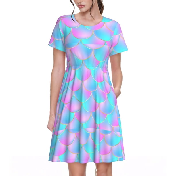 Balery Purple Dragon Scales Vestidos sueltos de manga corta para mujer, vestidos de verano 2025, vestidos casuales de corte A con vuelo.