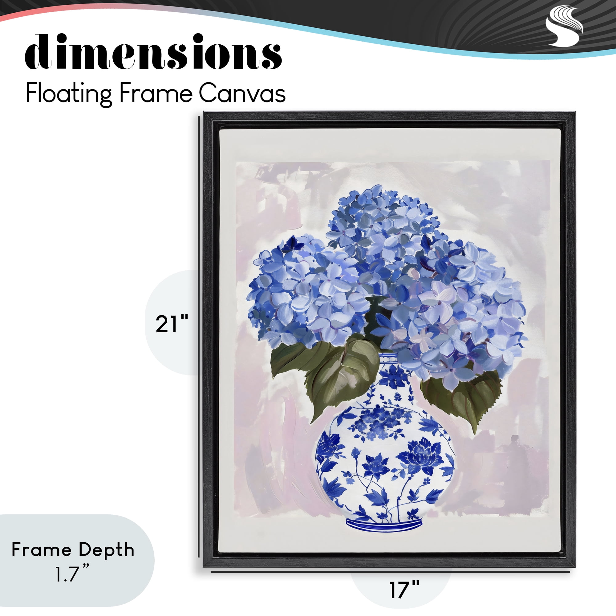 Stupell Industries Blue Hydrangea in Porcelain Vase Black Framed Floater Canvas Wall Art, design by The Prints Vibe