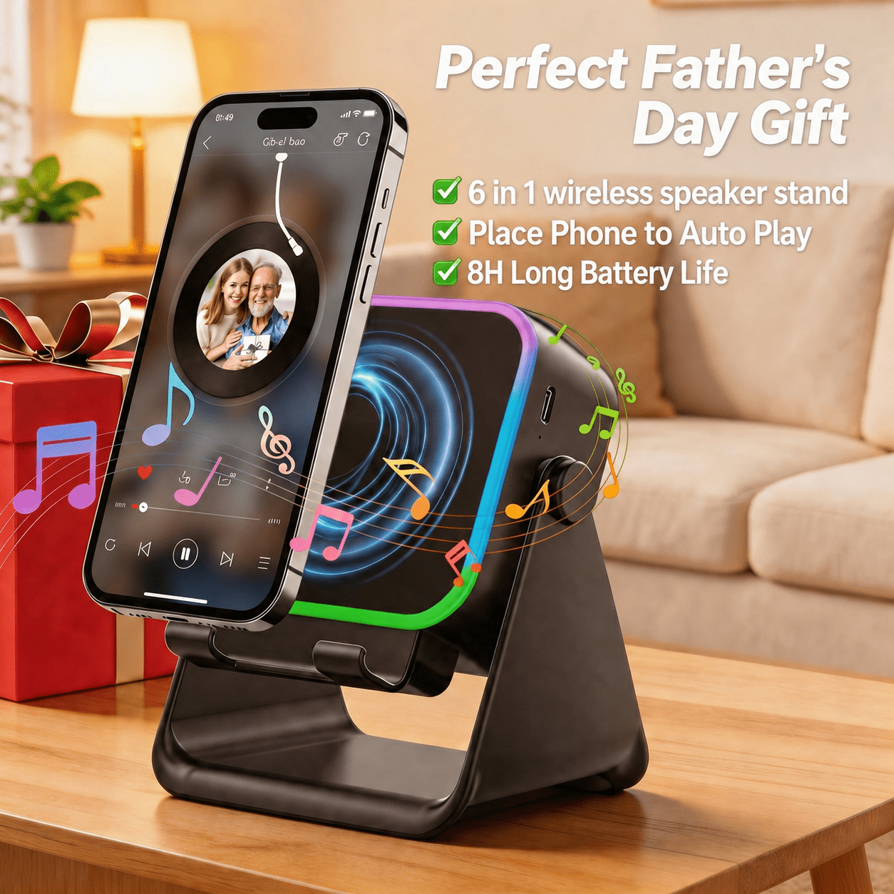 Wireless Induction Speaker, 6 in 1 Cell Phone Stand with Bluetooth Speaker, HD Stereo Sound, 5000mAh Rechargeable, Colorful Ambient Light, Compatible with Iphone/Android/Ipad, Gifts for Men Women