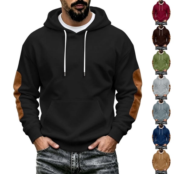 Men's Fleece Lined Hoodies Long Sleeve Loose Fit with Elbow Patch Fall Stylish Workout Casual Pullover Hooded Tops S-3XL