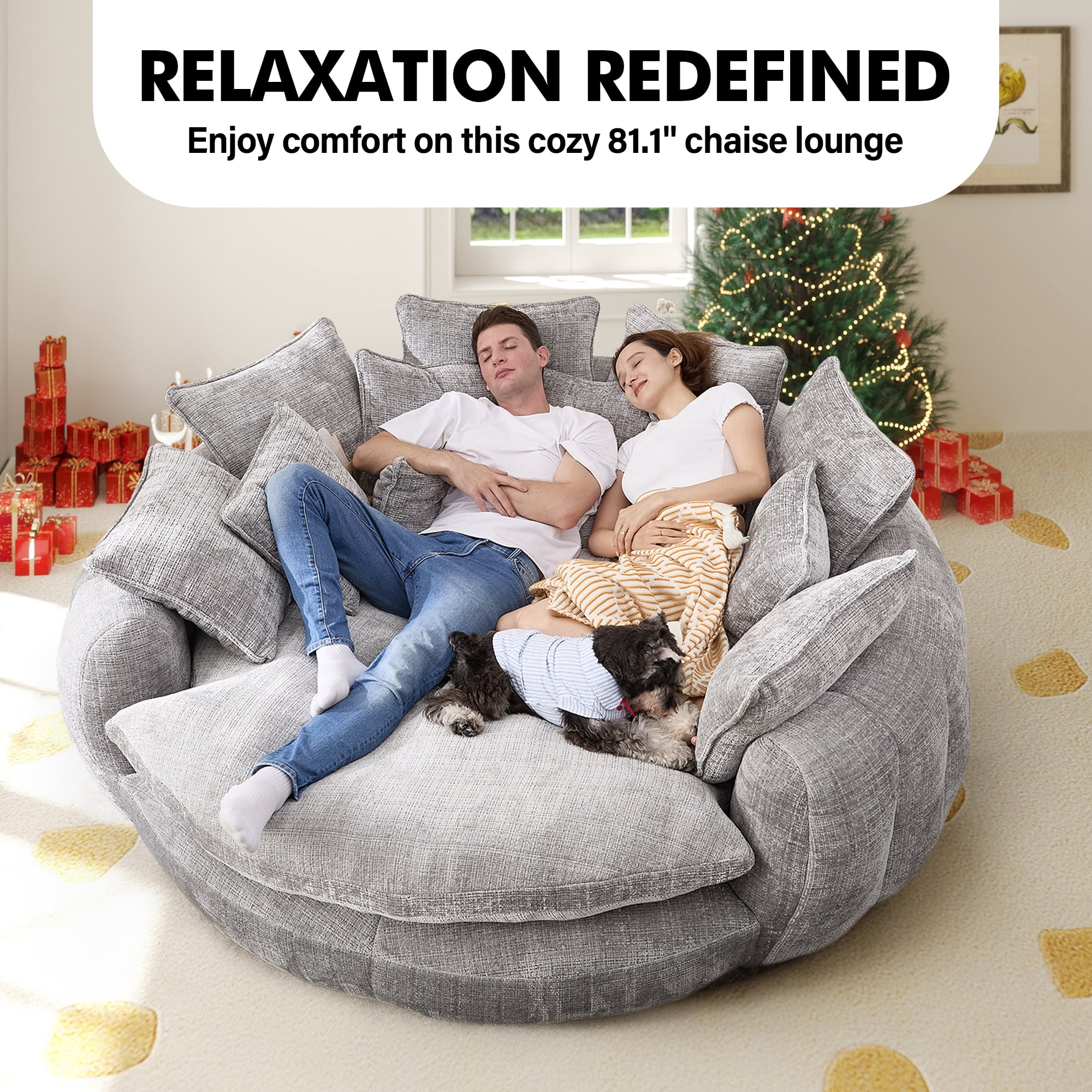 Aukfa 81" Oversized Round Chaise Lounge Sofa Bed, Modern Chenille Cloud Couch with Deep Seat, 14 Pillows, Assemble-Free, Light Gray