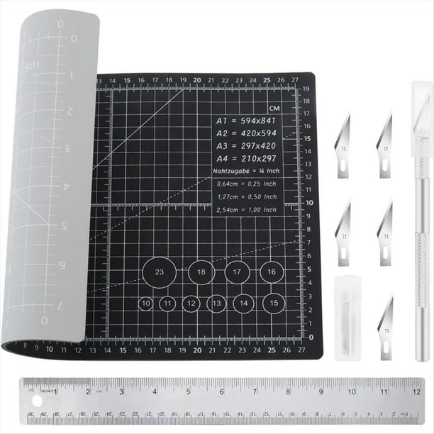 Tapete de Corte Autorreparador A4 para Tallado y Manualidades con 5 Cuchillas Adicionales y Regla de Corcho de 30 cm (12 Pulgadas) de Doble Escala para Manualidades.