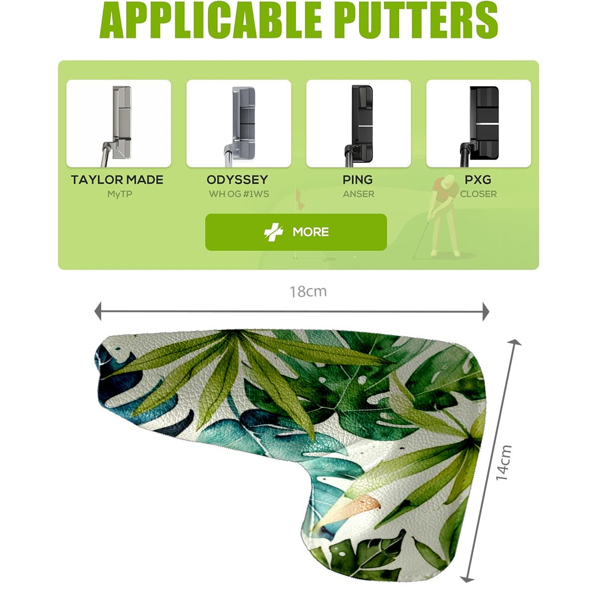 Golf Club Head Cover | Leather Golf Club Putte Headcover , Waterproof Golf Club Head Cover Set Driver Headcovers for Golf Clubs Men Women Green Leaves