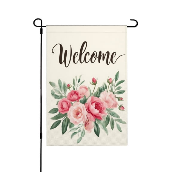 AMHNF Linen Garden Flag with Floral Welcome Design for Spring Summer Home Outdoor Garden Yard Door Decor 12x18 inch