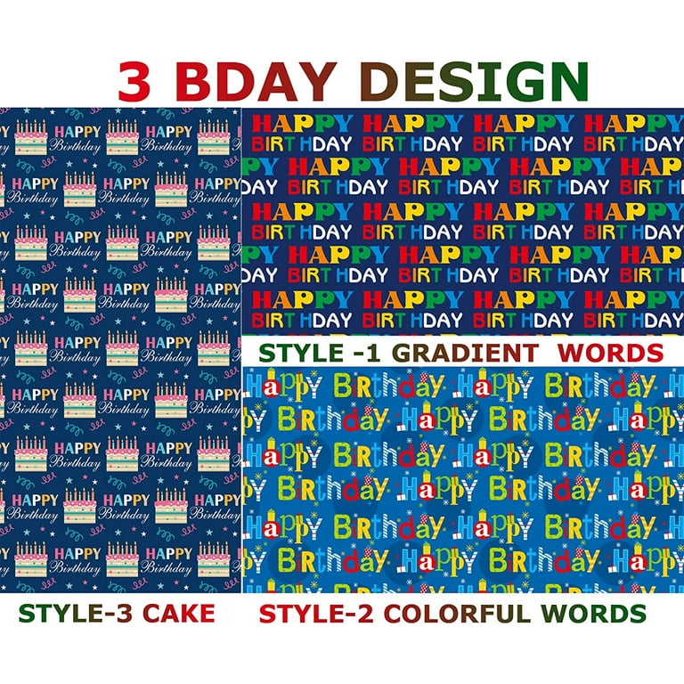 BWLOIES Birthday Wrapping Paper for Men Boys Women Girls Adults Kids,Happy Birthday Wrapping Paper Sheets,Recycled Gift Wrapping Paper Birthday Gift Wrap