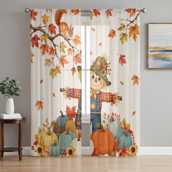 Fall Scarecrows Sheer Curtains 63 Inches Long, Thanksgiving Autumn Pumpkins Leaves Beige Light Filtering Window Curtains for Living Room, Rod Pocket Voile Sheer Curtain Drapes, 52"W x 63"L, 2 Panels