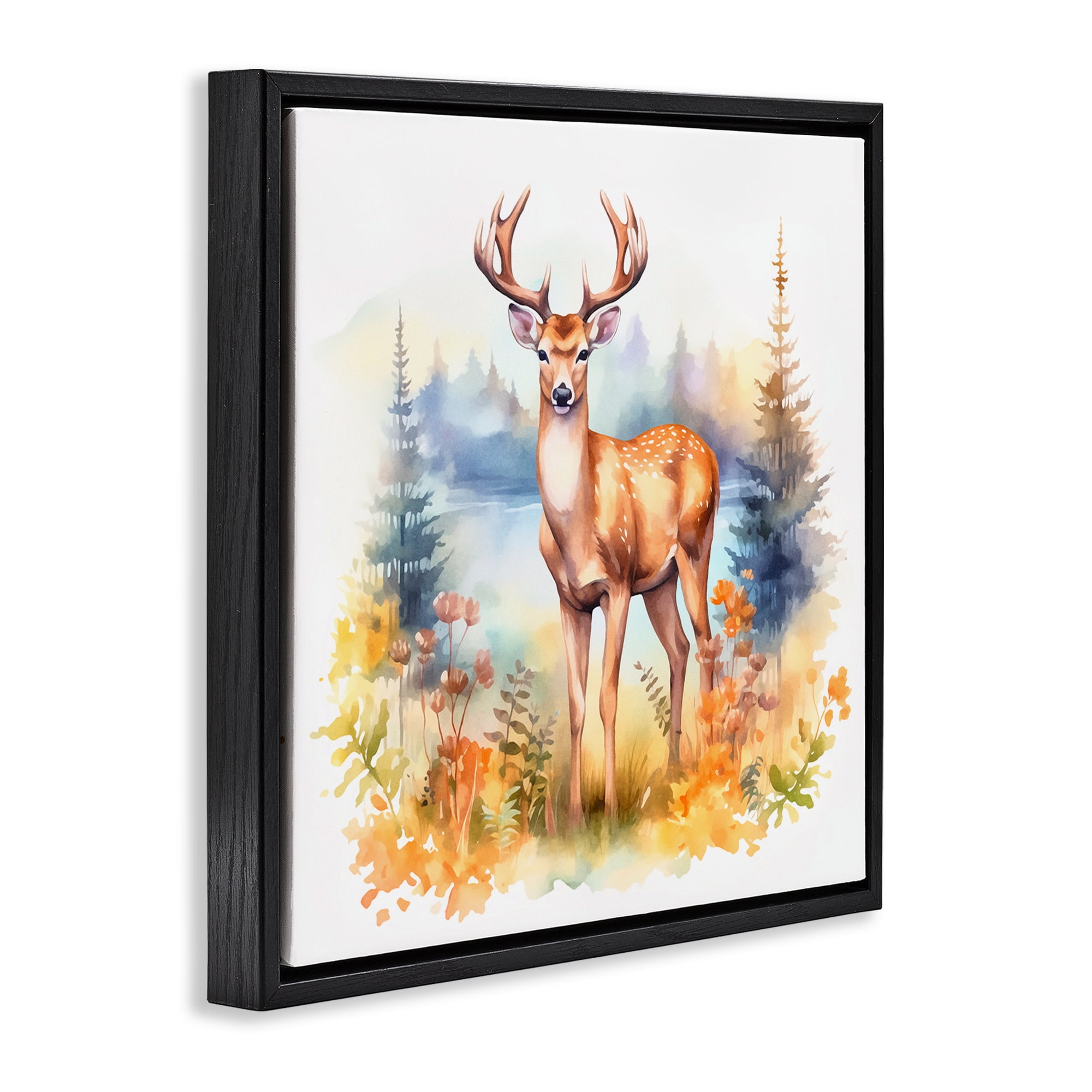 Stupell Industries Wild Deer in Forest Animals Painting Black Floater Framed Canvas Art Print Wall Art, 25 x 25