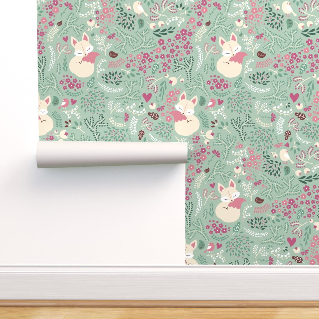 Commercial Grade Wallpaper Swatch Fox Vintage Green Floral Flowers