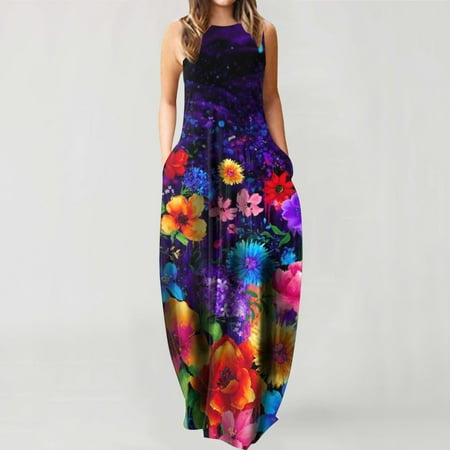 

dmqupv Air Top Women Summer Print Size Long Dresses Plus Flower O-neck Sleeveless Pullover Women Women s Silk Camisole Women Purple Small