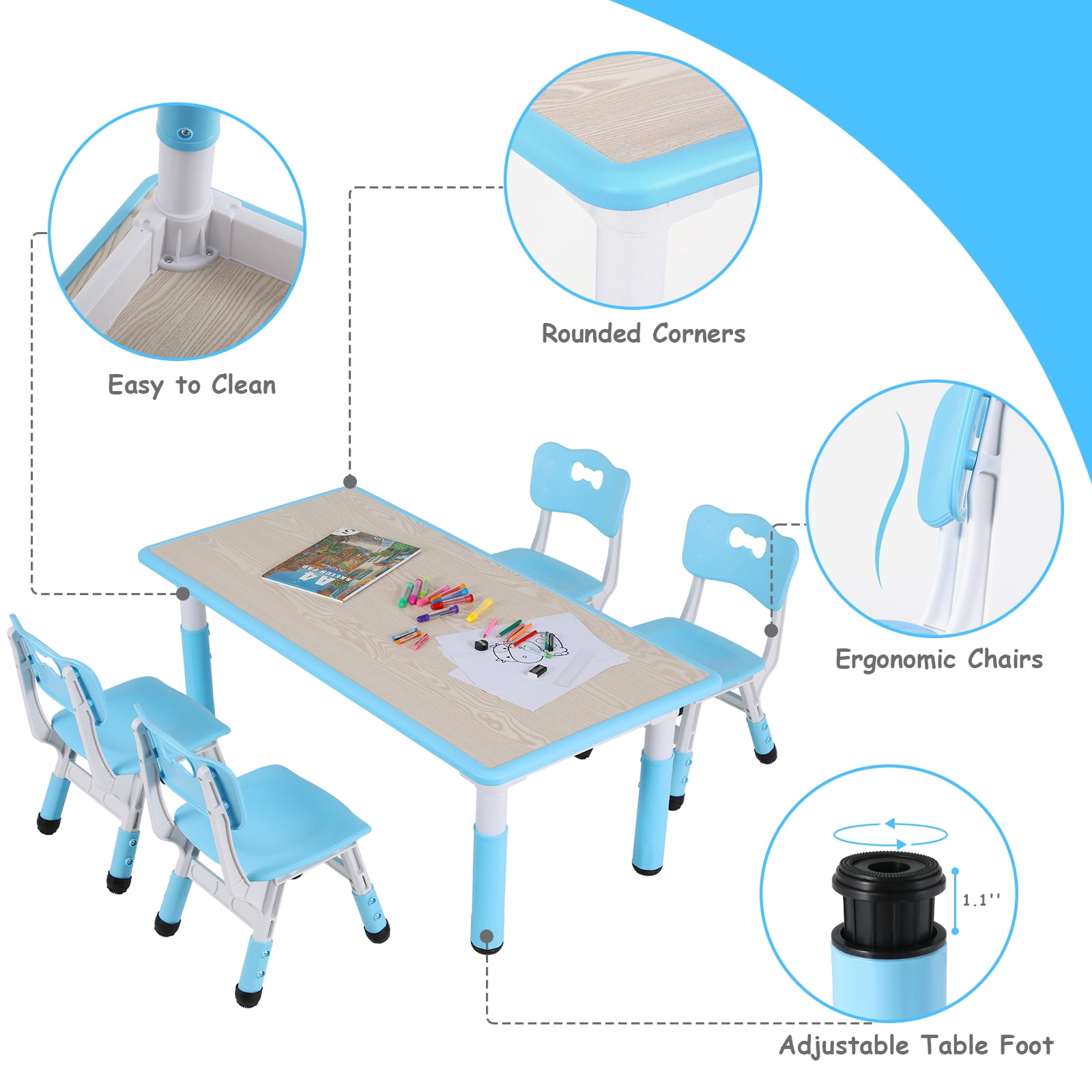 Arlopu Kids Table and 4 Chairs Set, Height Adjustable Toddler Multi Activity Desk Children Study / Dining Table, for Ages 2 - 10