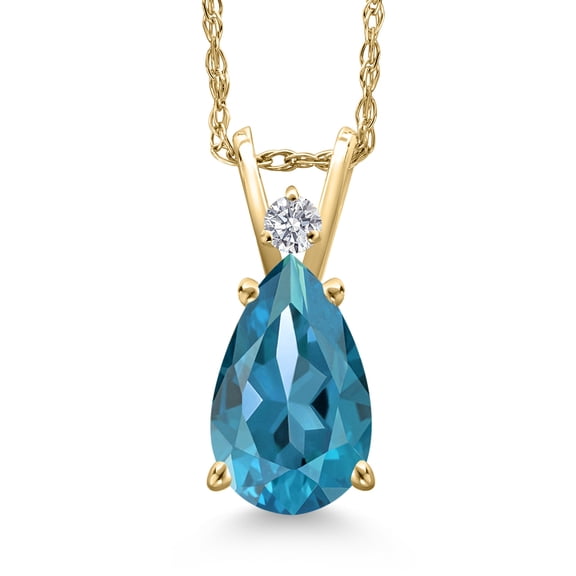 Gem Stone King 14K Yellow Gold London Blue Topaz and Lab Grown Diamond Pendant Necklace for Women | 2.52 Cttw | Gemstone November Birthstone | Pear Shape 10X7MM | With 18 inch Chain