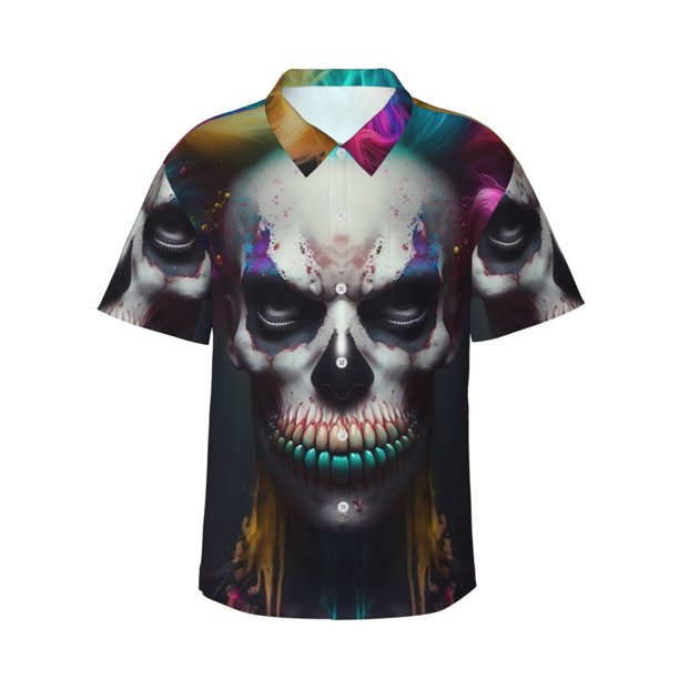 Balery Modern Abstract Colorful Skull C Camisas hawaianas de manga corta para hombre, camisas playeras de corte holgado, camisas de vacaciones con botones,Medium