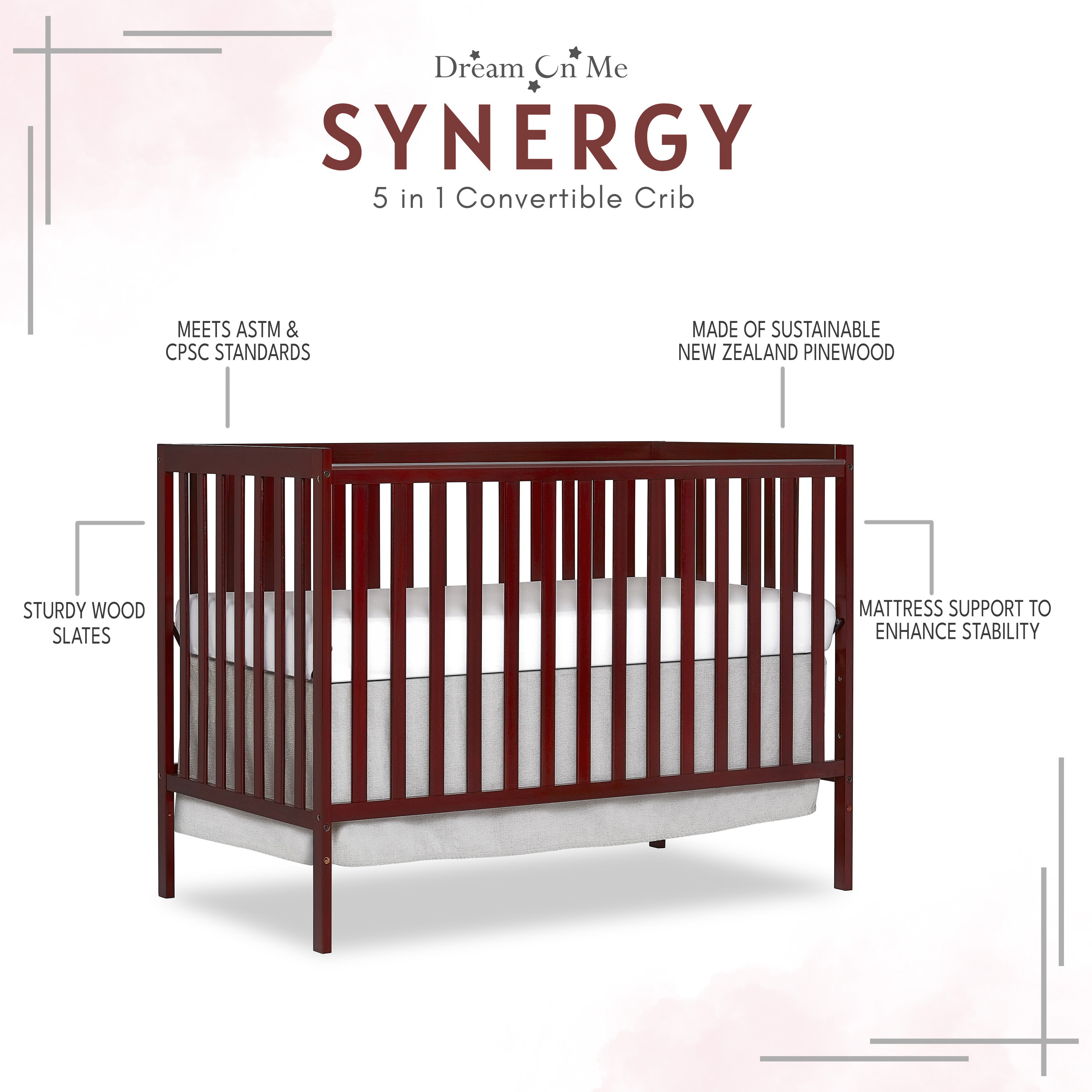 Dream On Me Synergy 5-in-1 Convertible Crib in Cherry, Greenguard Gold Certified - image 3 of 12