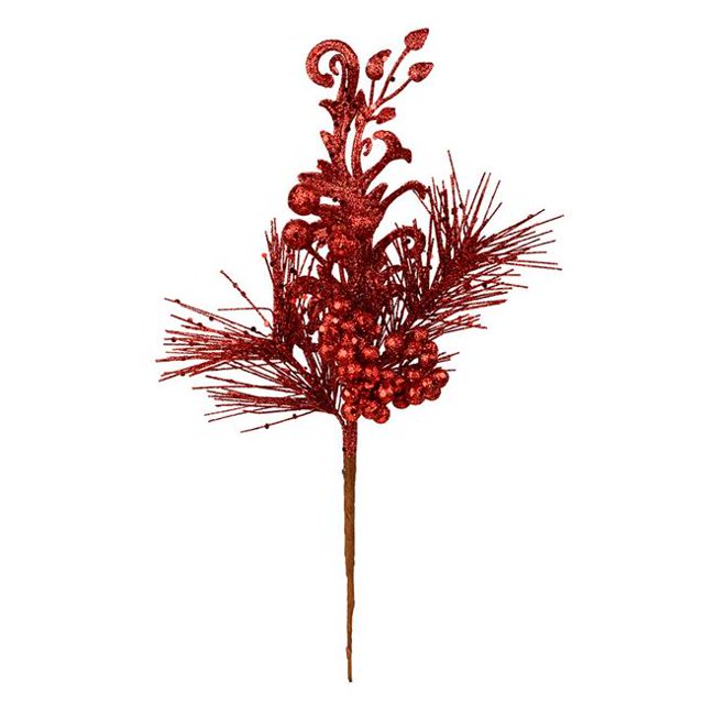 Vickerman L185503 10 in. Red Berry Glitter Leaf Pick 12 per Bag