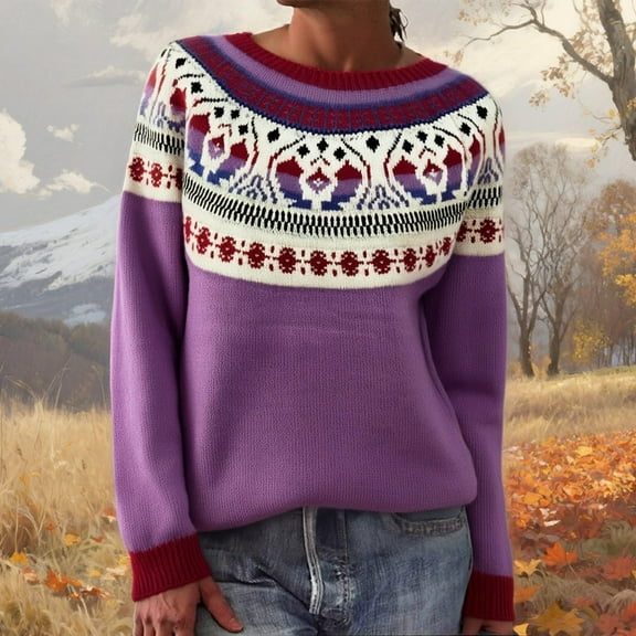 Stralyhd Women's Sweaters Vintage Knit Fair Isle Sweater Crewneck Casual Fall Clothing 2025 Long Sleeve Boho Brown Sweater Woman Light Purple L