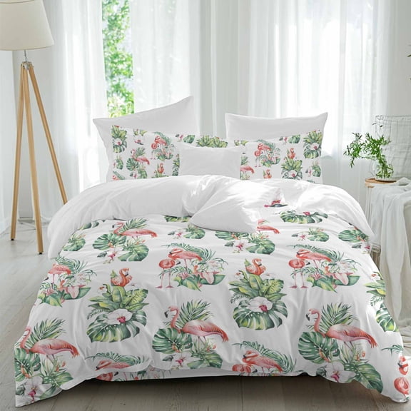 Flamingo Queen Size Comforter Set, Monstera Palm Leaf Summer Tropical Plants Bedding for All Seasons, 4 Pcs Bed Set, 1Quiltcover (90"x92") ,1Sheet(94"x116"), 2Pillowcases (30"x20")
