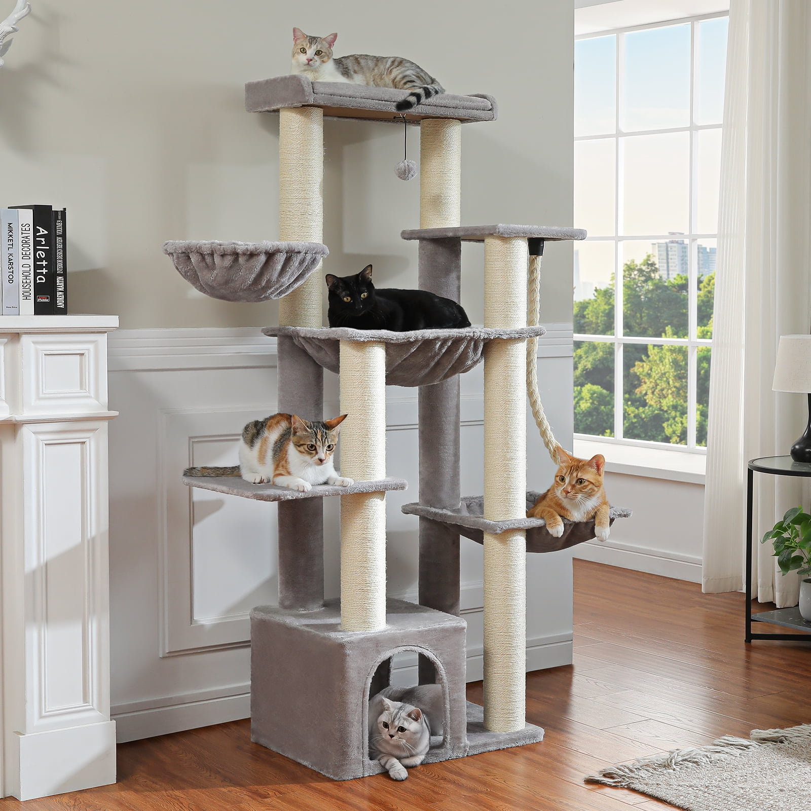 PEQULTI 67" Maine Coon Cat Tree Large Cat Tower for Indoor Cats with 8 Thick Scratching Post Gray