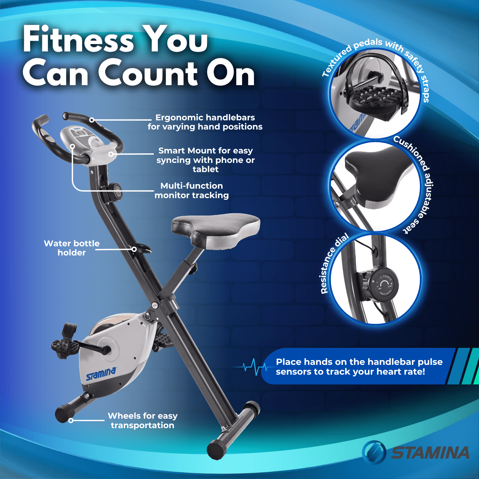 Stamina Cardio Folding Exercise Bike with Heart Rate Sensors and Extra Wide Padded Seat