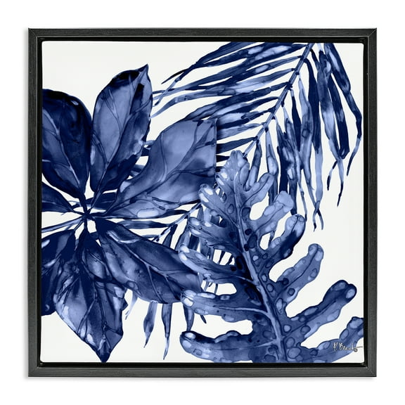 Stupell Industries Blue Hued Plant Leaves Botanical & Floral Painting Black Floater Framed Canvas Art Print Wall Art, 18 x 18