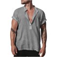 thumbnail image 1 of Camisa con cuello en V para hombre, de algodón y lino, informal, holgada, con cuello levantado Pompotops oipoqjl7453, 1 of 7