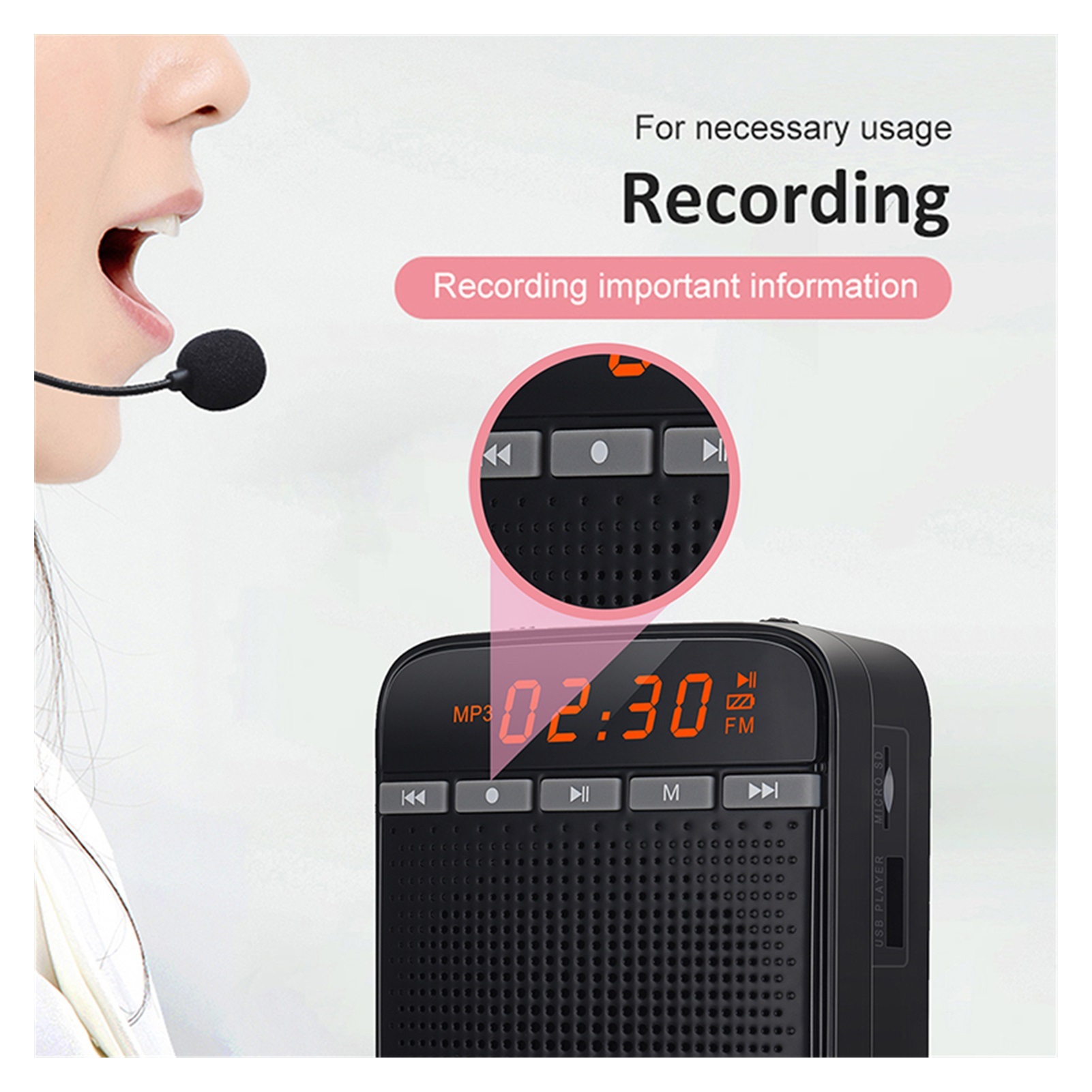 Personal Portable Voice Amplifier for Teacher Megaphone AUX Audio Sound Speaker Recording FM Radio with Wired Microphone