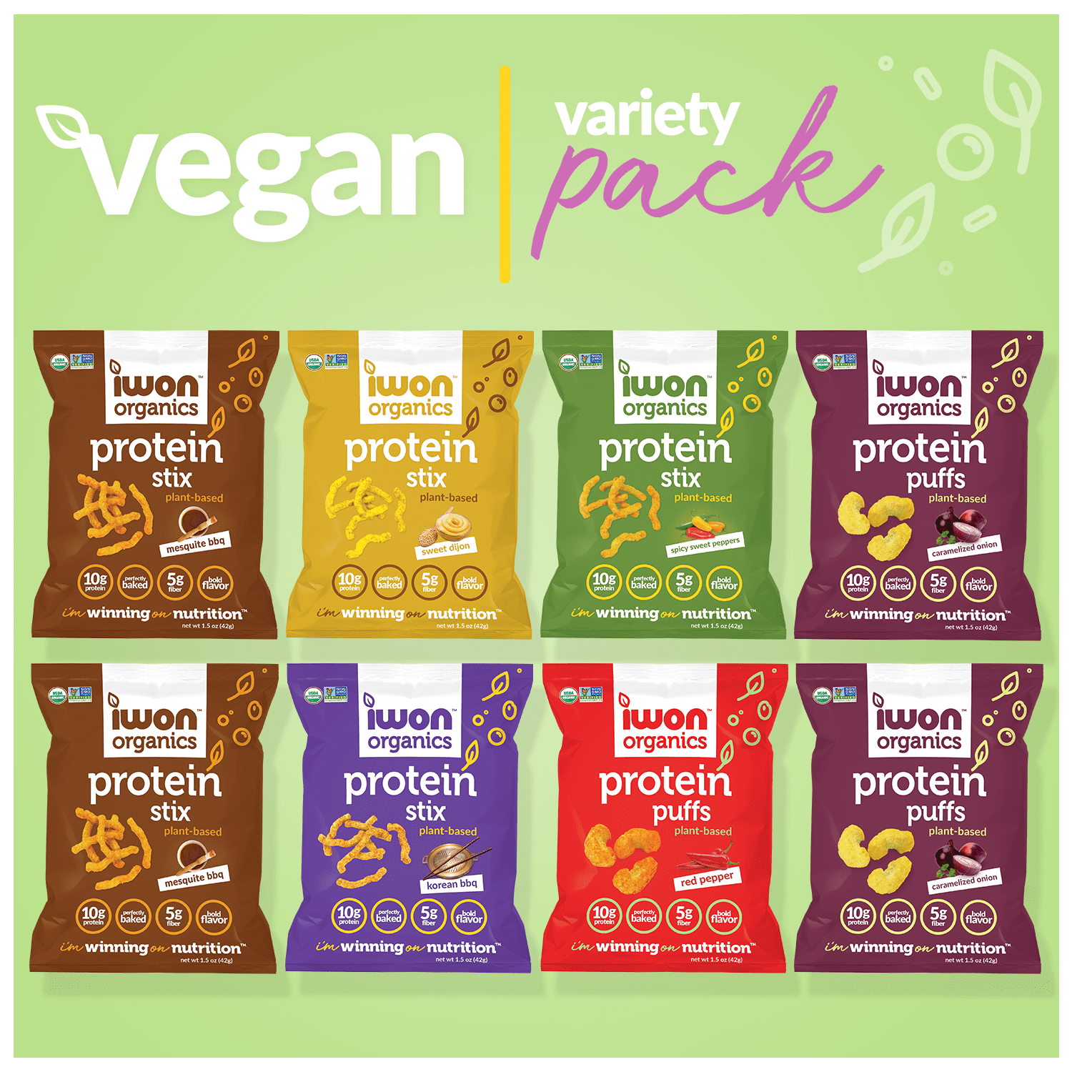 IWON Organics Vegan Variety Pack, Plant Protein Snacks, 8 ct, 1.5oz