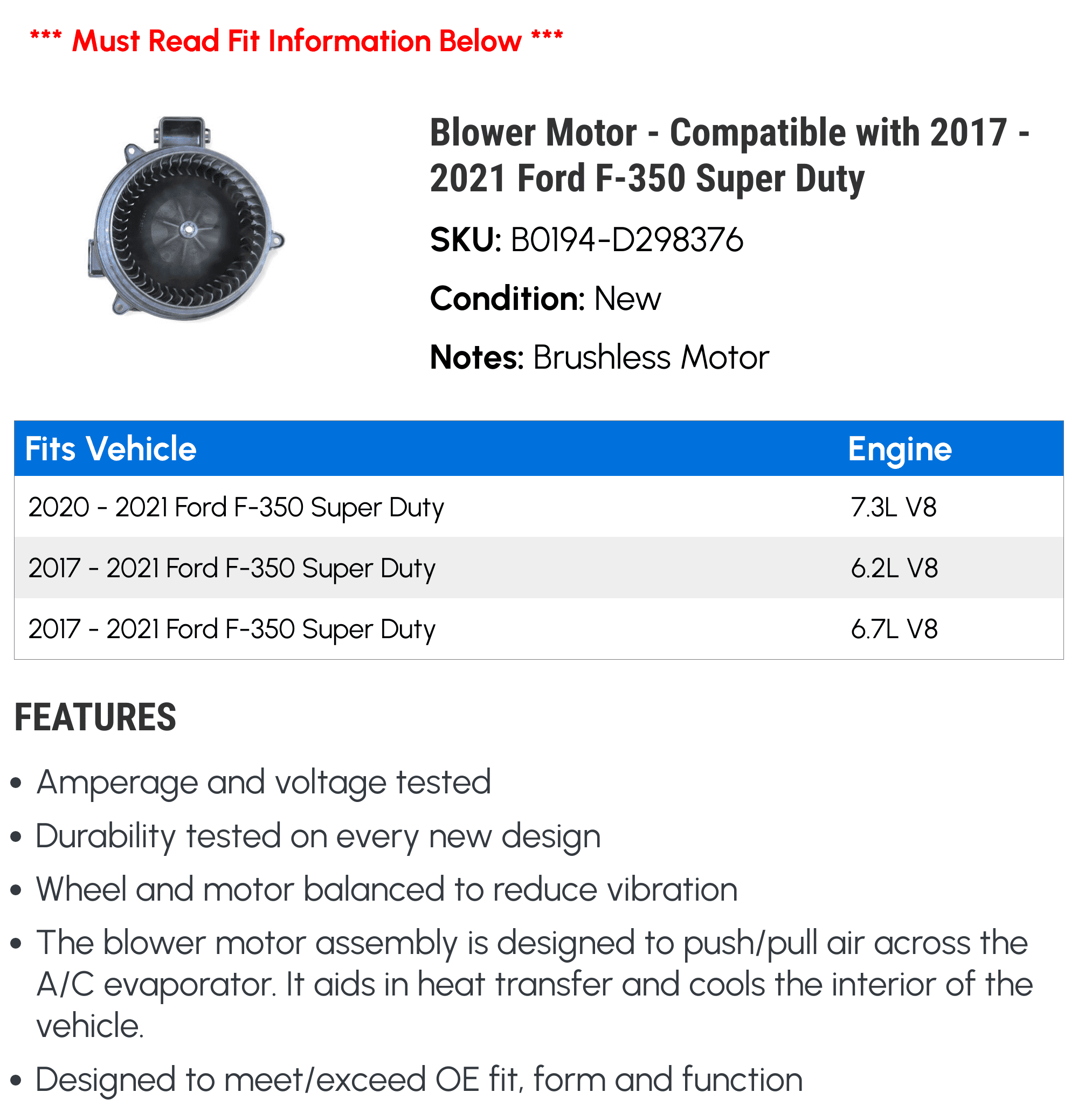 Blower Motor - Compatible with 2017 - 2021 Ford F-350 Super Duty 2018 2019 2020