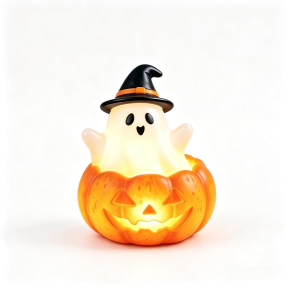 ZORVINEX Halloween Resin Ghost Pumpkin Ornament With Witch Hat LED Warm Light Tabletop Porch Festive Party Home Holiday Decor Gift,White