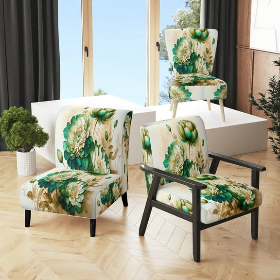 Designart "Green Blooming Daisy I" Upholstered Floral & Botanical Accent Chair and Traditional Arm Chair - Multiple Color & Pattern