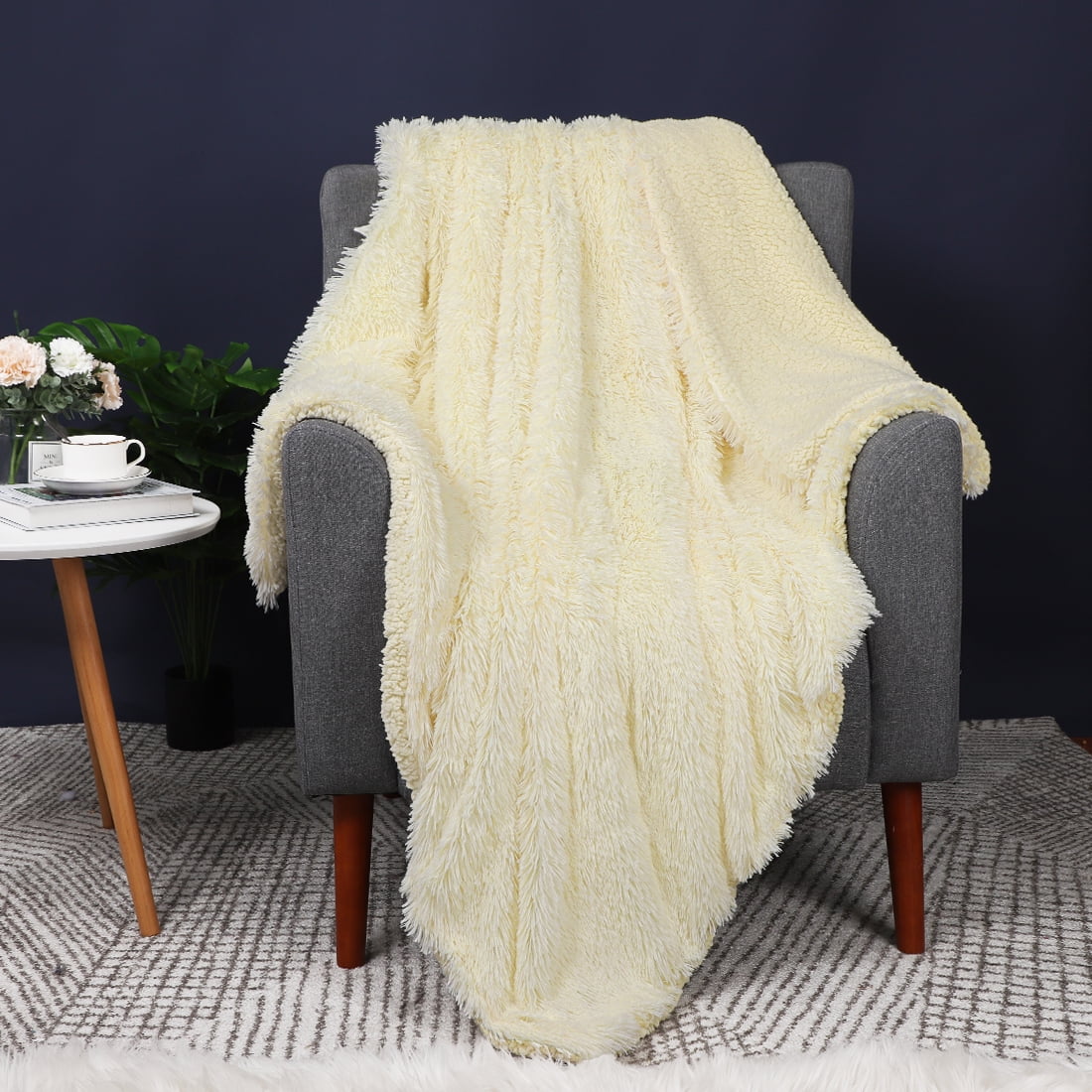 Unique Bargains Double-sided Fluffy Shaggy Faux Fur Blanket Cream Twin(60" x 80")