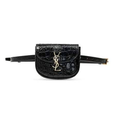 New Saint Laurent Kaia Black Leather Croc Embossed Mini Belt Bag 634922