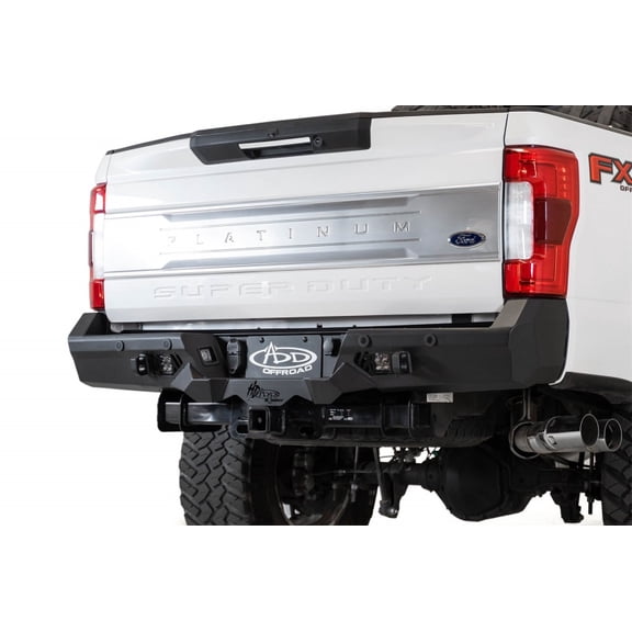 Addictive Desert Designs 17-20 Ford Super Duty Bomber HD Rear Bumper with Cube Light Mounts, Backup Sensors, Satin Black Finish