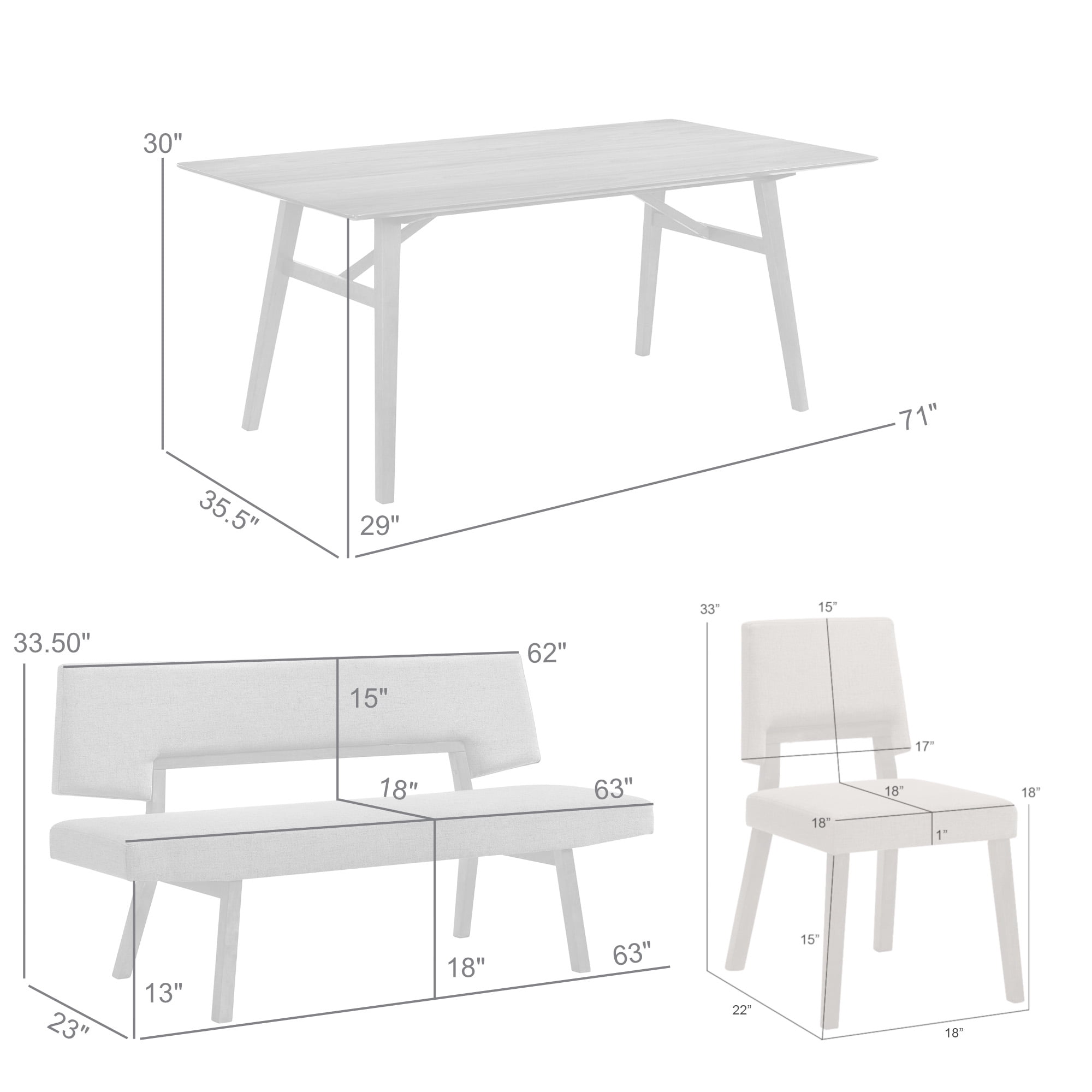 Channell 6 Piece Walnut Wood Dining Table Set with Bench in Charcoal Fabric
