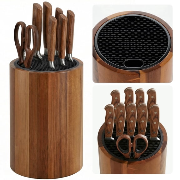 Ninonly Universal Knife Block Holder, Round Non-Slip Wooden Countertop Knife Block Without Knives