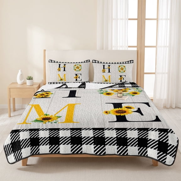 3 Pieces Queen Quilt Set,Farmhouse Sunflower Home Text Soft Bedding Sets with 1 Quilt & 2 Pillow Shams,Black White Check Wood Board Summer Bedspread Lightweight Coverlet Comforter