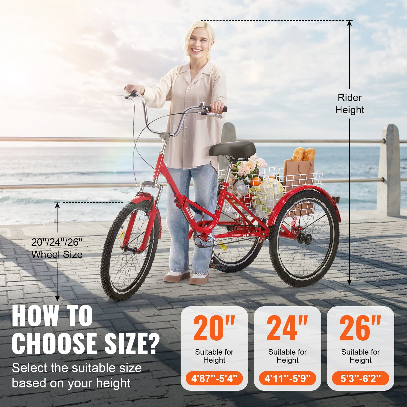 SKYSHALO Folding Adult Tricycle 24" Adult 3-Wheel Folding Trikes Carbon Steel Red
