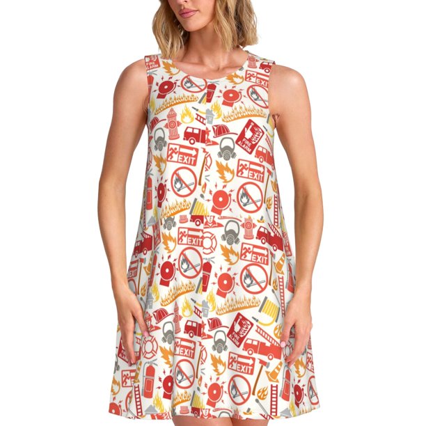 Easygdp Firefighter Icons para Vestido Transpirable de Mujer, Vestido Suelto de Manga Corta con Pliegues y Bolsillos para el Verano